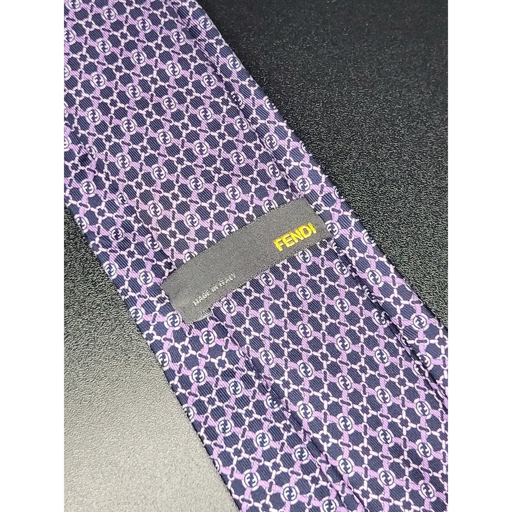 Fendi Silk Necktie Purple Navy Blue FF Logo Chain Link Pattern Made in Italy